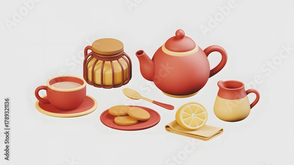Obraz Tea set with teapot, cup, saucer, plate, honey, lemon, spoon, and cookies in 3d render on a plain background