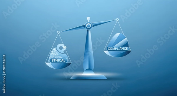 Fototapeta Business ethics and compliance concept with scales of justice balancing ethical decisions and corporate legal regulation on a blue background
