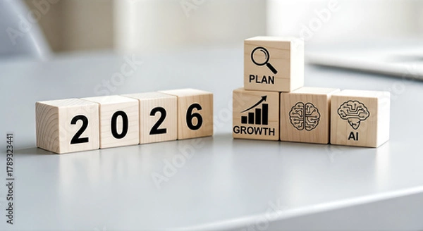 Fototapeta 2026 business concept with wooden blocks, plan, growth, AI icons, future strategy, new year resolution, corporate planning, desk, grey background