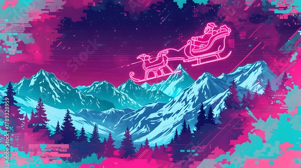 Obraz Christmas background image in neon glitch style showing Santa’s sleigh flying over mountains with bright cyberpunk colors.
