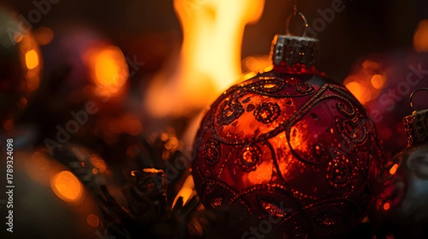 Obraz Christmas background image showing glowing red ornament with golden bokeh lights symbolizing festive warmth and cozy holiday atmosphere.
