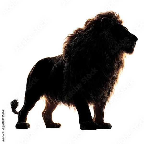 Fototapeta Majestic Lion Silhouette: A powerful and regal lion is presented in silhouette against a bright backdrop, embodying strength and grace. The image captures the essence of this apex predator.