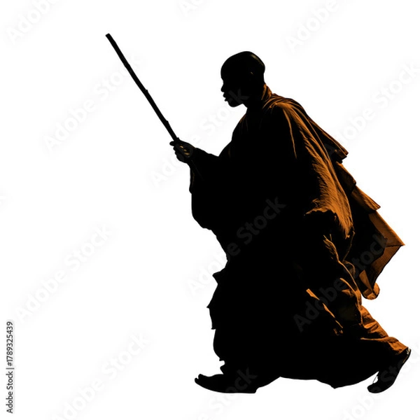 Fototapeta Monk Silhouette on a Journey: A solitary figure, a monk, strides forward in silhouette, staff in hand, embodying a journey of spiritual reflection and introspection.