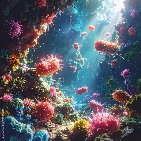 Fototapeta A fantastical, vibrant underwater scene teeming with diverse, colorful microbe-like organisms. Beams of light filter down
