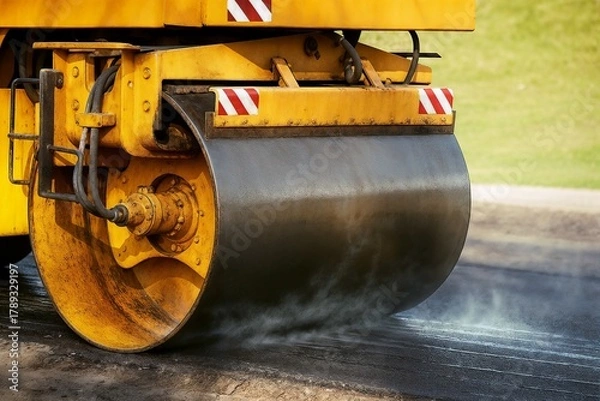 Fototapeta Heavy asphalt roller machine compressing hot road surface during paving works, construction close-up