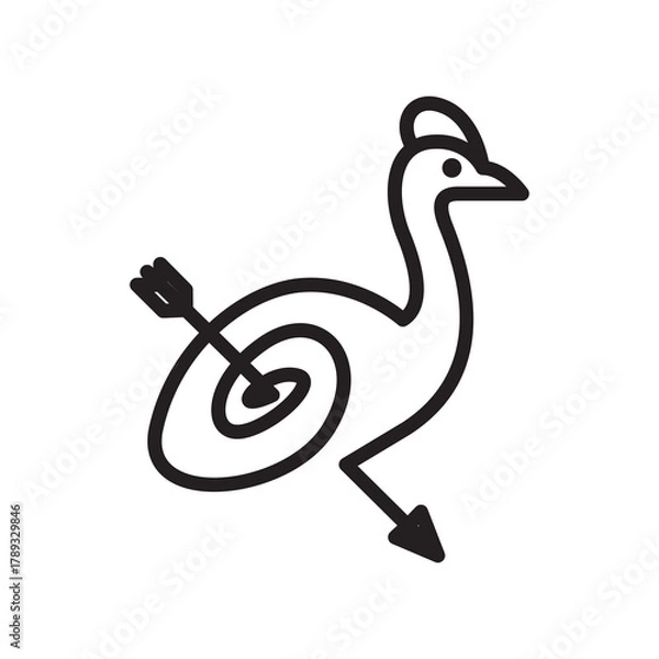 Fototapeta Monochrome line art icon of a bird with a spiral target body pierced by an arrow.