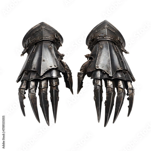 Obraz Knightly Gauntlets: A detailed view of a pair of ancient, menacing steel gauntlets, ready for battle, with sharp metal claws, telling tales of valor and warfare. 