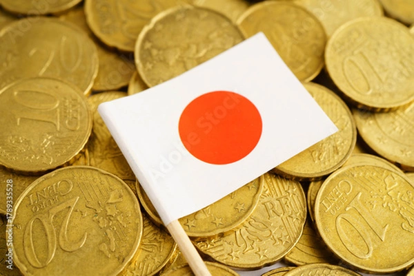 Fototapeta Japan flag on coin and banknote money, finance trading investment business currency concept.