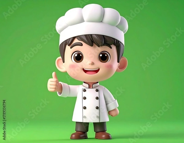 Fototapeta A cute cartoon chef with brown hair, in a white uniform, and a chef's hat gives a thumbs-up against a green background