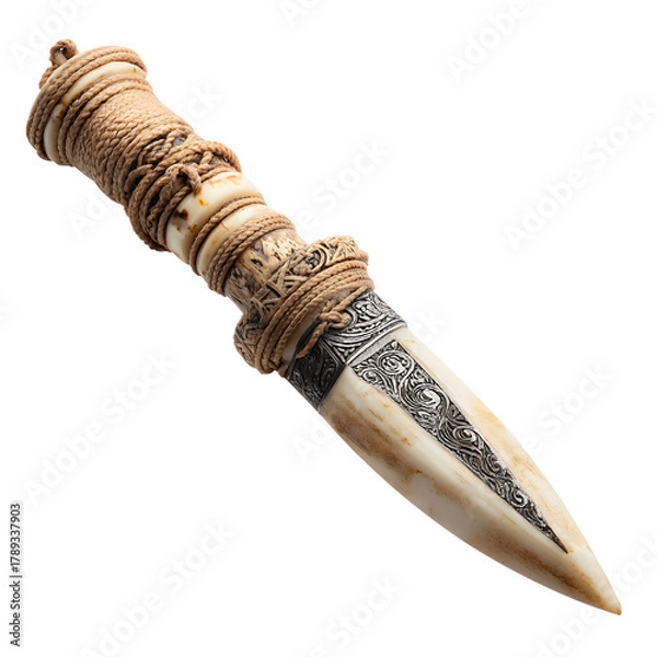 Fototapeta Ancient Ceremonial Dagger: An exquisite ceremonial dagger, its ivory handle intricately wrapped in twine, the blade adorned with detailed engravings, symbolizing tradition and artistry.
