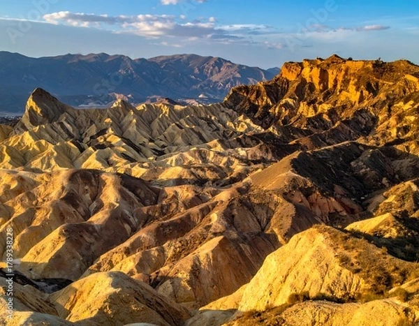 Fototapeta Aerial view of layered sandstone formations illuminated by golden sunlight