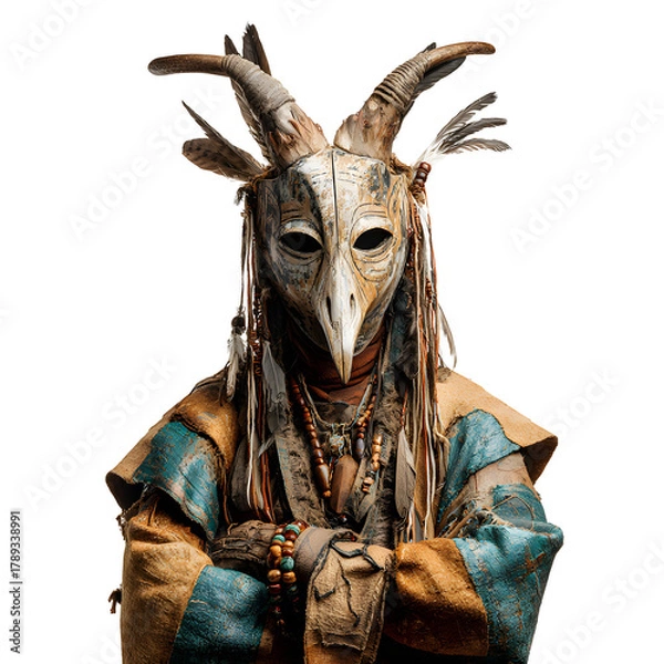 Fototapeta Ritual Mask: Enigmatic figure in an elaborate mask, adorned with feathers and beads, embodying ancient traditions and mystic symbolism, revealing the allure of ceremonial attire.