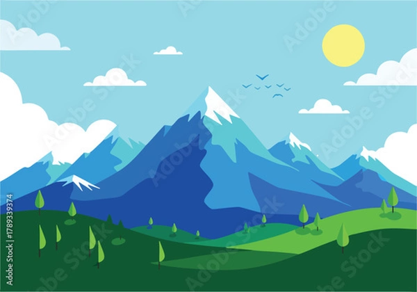 Fototapeta Cartoon mountain landscape with green hills, trees, clouds, sun, and birds.
