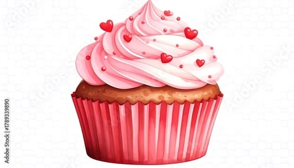 Fototapeta A cute cartoon cupcake with pink frosting, heart sprinkles, and a red wrapper