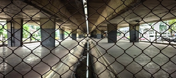 Obraz View through a chain-link fence of an urban underpass with concrete pillars