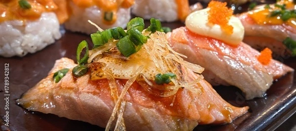 Obraz Delicious salmon sushi nigiri with various toppings and garnishes