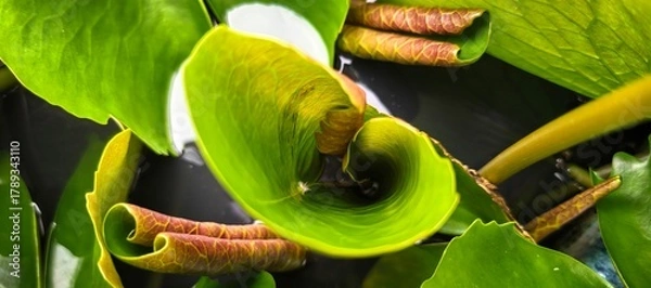 Obraz Close-up of a vibrant green water lily leaf unfurling in a pond
