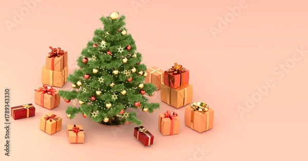 Fototapeta クリスマスツリーと色とりどりのギフトボックスが並ぶ華やかなホリデー背景