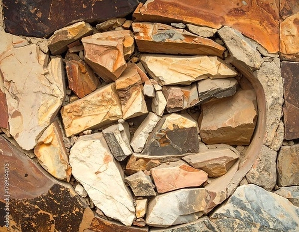 Fototapeta Close-up of a wall section with stones in an irregular shape, brown, orange, and gray hues. Stones are fitted in a circular design