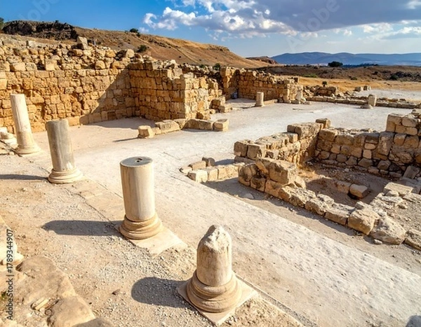 Fototapeta Ancient ruins, stone structures, columns, and a bright sunny landscape