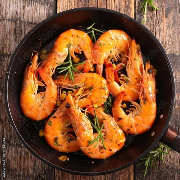 Fototapeta Close-up of pan with grilled, reddish-orange crustaceans seasoned with herbs on rustic wooden table