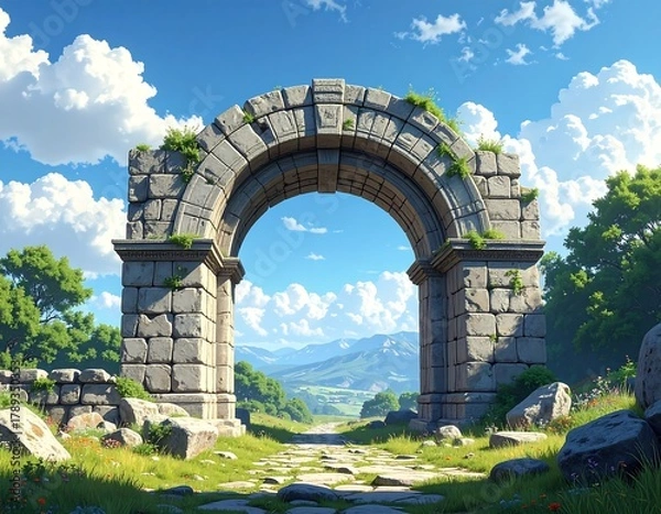 Fototapeta Ancient stone archway frames a scenic view of rolling hills and sky