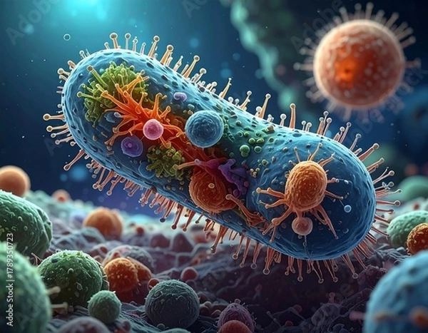 Obraz A detailed digital illustration depicts a bacterium with various structures and components, surrounded by other microorganisms in a close-up view
