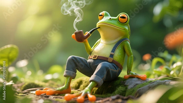 Fototapeta Cute cartoon frog wearing suspenders and smoking a pipe while relaxing on a mossy rock in the forest, warm sunlight and bokeh background.