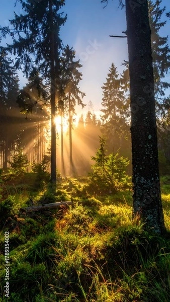 Fototapeta Sunlit forest scene showing vibrant green vegetation and the sun shining brightly through the trees with beams of light