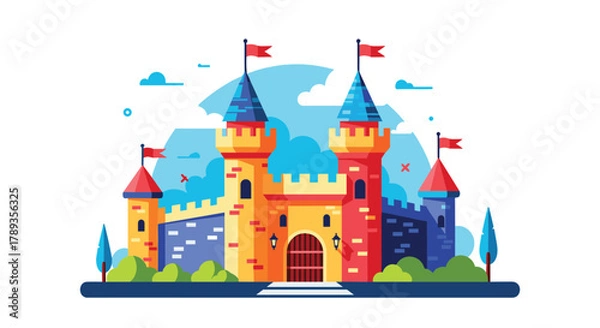 Fototapeta A vibrant and whimsical cartoon castle illustration featuring multiple colorful towers, red flags, and a grand gate, set against a bright blue sky.