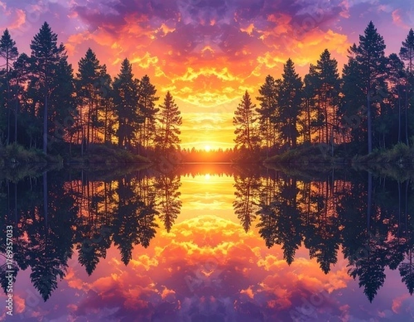 Fototapeta Symmetrical photograph showcases vibrant sunset casting fiery hues across a calm lake, mirroring trees along its banks