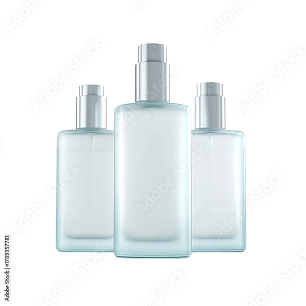 Fototapeta Three square frosted glass bottles with silver tops, dark background