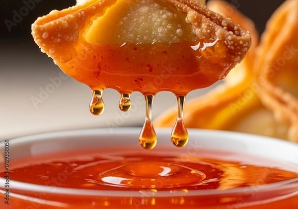 Fototapeta Close-up of golden Crab Rangoon dripping sweet chili sauce for mouthwatering Asian-inspired appetizer food concept