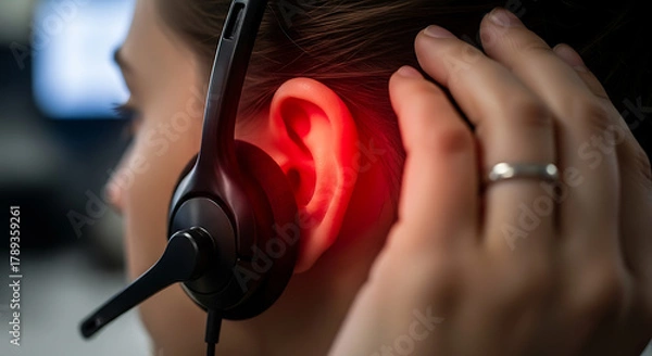 Fototapeta Red ear pain from headset. Person experiencing discomfort, fatigue, or hearing issues from prolonged use in a call center or office.