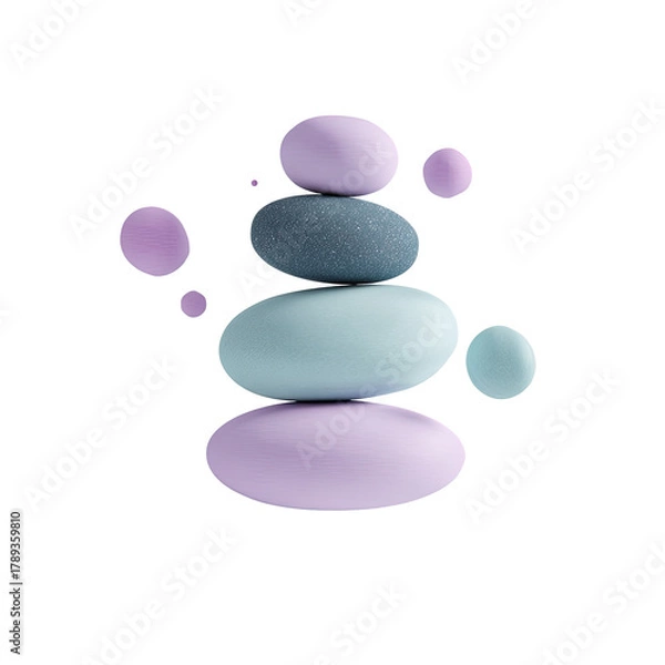 Fototapeta Stacked pastel stones, balanced, surrounded by floating orbs on black