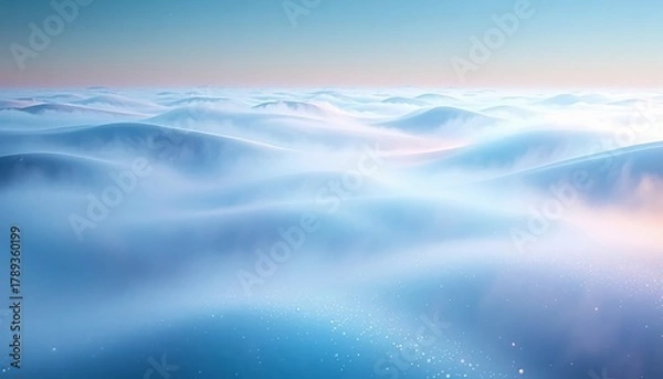 Fototapeta Dreamy pastel snow style dunes with sparkling frost, soft blue sunrise haze and minimal landscape background illustration