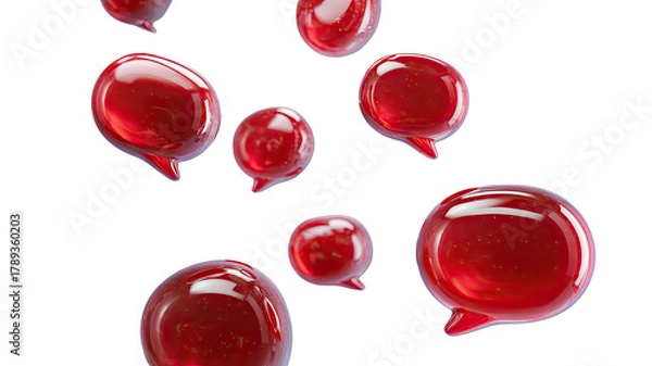 Fototapeta Red speech bubbles float in a dark space with shiny surface