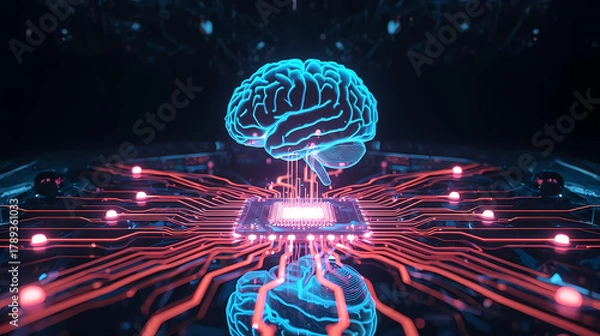 Fototapeta Futuristic glowing brain connected to digital network, showcasing artificial intelligence and advanced technology, ideal for innovation and science projects