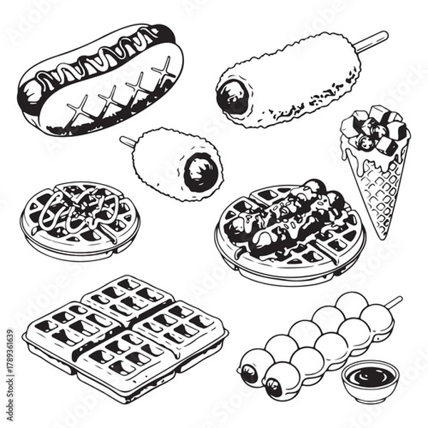Fototapeta Hot Dog Waffle Vector Illustration  Fast Food Logo or Poster Design. Cute Hot Dog Waffle and Corn Dog Vector Set  Kawaii Street Food Clipart for Sticker, Menu, or Design 