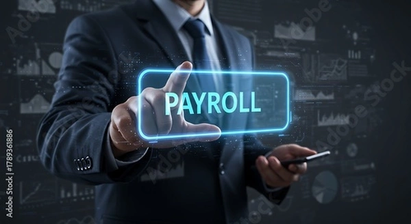 Fototapeta Professional business person touching a virtual screen displaying the word payroll with a futuristic digital interface