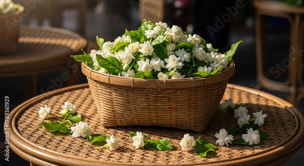 Fototapeta Jasmine flowers arranged in a woven bamboo basket on a rattan table