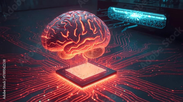 Fototapeta Revolutionary AI brain interface connecting with computer chip for next-generation technology breakthroughs and futuristic innovation on circuit board