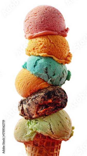 Fototapeta Tower of colorful ice cream scoops in a waffle cone
