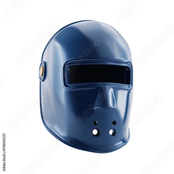 Fototapeta Glossy blue helmet, rectangular viewport, facial vent holes, symmetrical