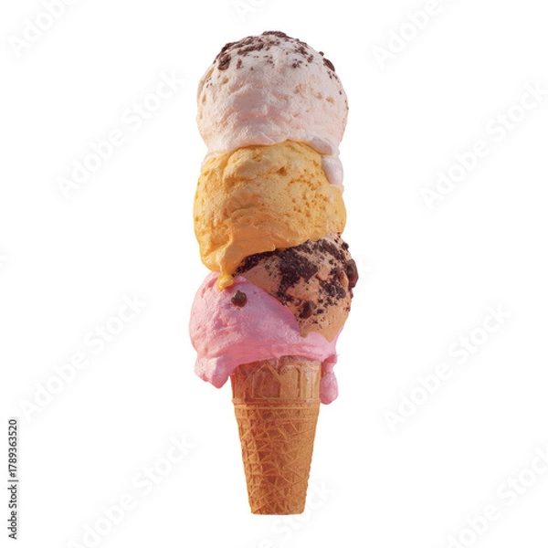 Fototapeta Tower of three colorful ice cream scoops in a sugar cone