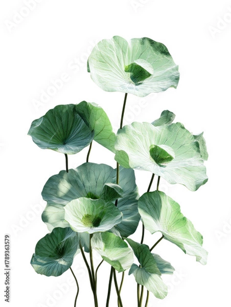 Fototapeta Lush cluster of large, light green lotus-like leaves on a black backdrop