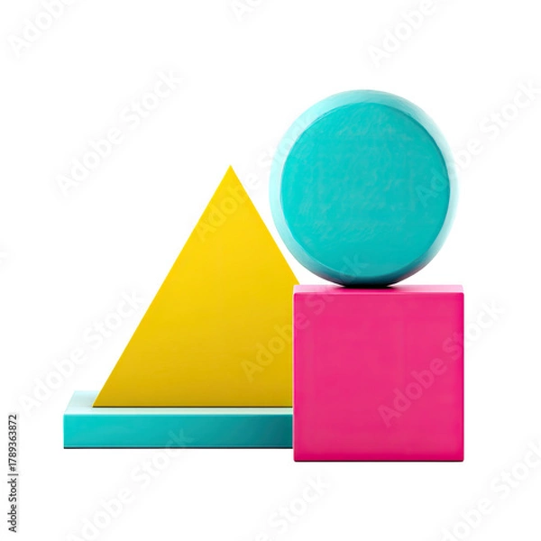 Fototapeta Vibrant geometric shapes circle, triangle, cube, base, solid hues