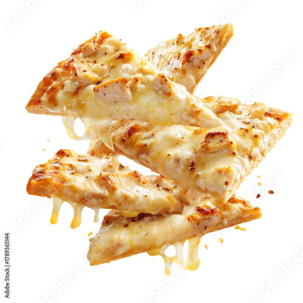 Fototapeta Cheesy chicken flatbread wedges stack, isolated on black background