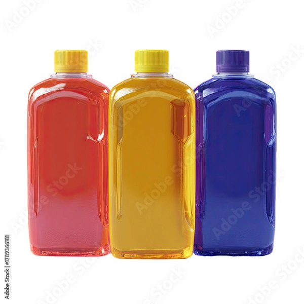 Fototapeta Three liquid-filled bottles in red, yellow, and blue hues, side-by-side