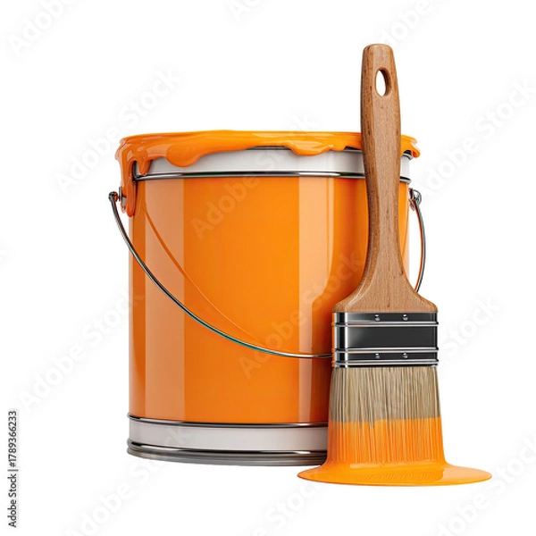 Fototapeta Glossy orange paint can with brush, drips